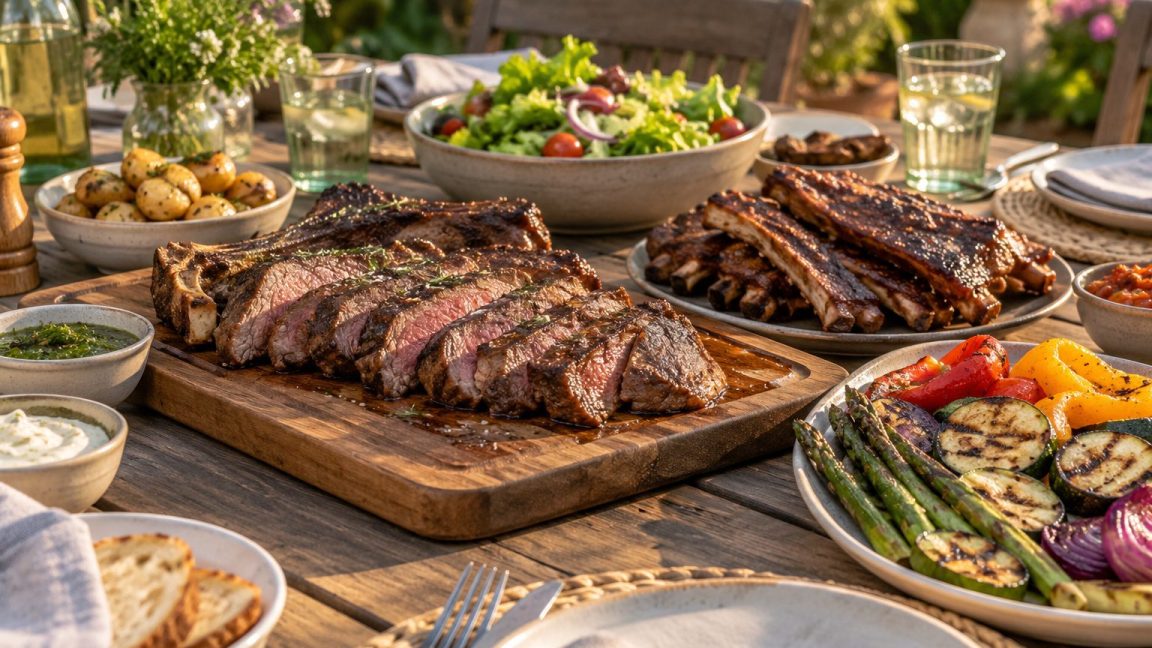 Carne asada y costillas junto a verduras a la parrilla y ensalada en una mesa de jardín