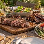Carne asada y costillas junto a verduras a la parrilla y ensalada en una mesa de jardín