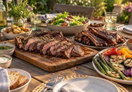 Carne asada y costillas junto a verduras a la parrilla y ensalada en una mesa de jardín