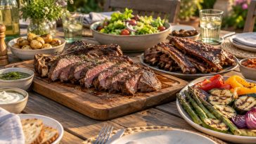 Carne asada y costillas junto a verduras a la parrilla y ensalada en una mesa de jardín