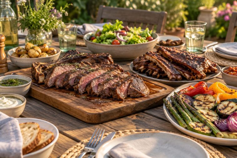 Carne asada y costillas junto a verduras a la parrilla y ensalada en una mesa de jardín