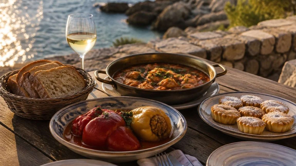 Mesa con varios platos tradicionales de Croacia