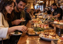 Personas eligen pinchos variados en una barra de Logroño