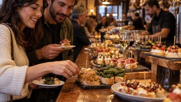 Personas eligen pinchos variados en una barra de Logroño