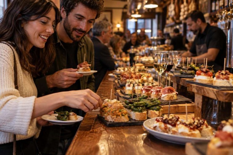 Personas eligen pinchos variados en una barra de Logroño