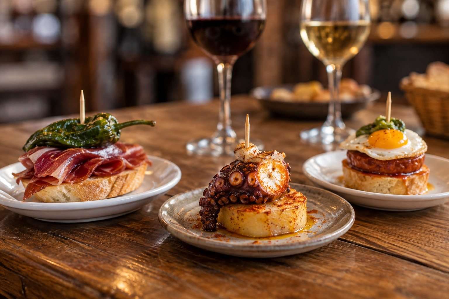 Tres pinchos riojanos servidos sobre una mesa de madera