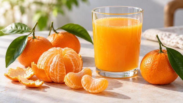 Vaso de zumo de mandarina junto a mandarinas enteras, una pelada y varios gajos