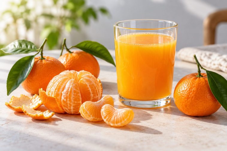 Vaso de zumo de mandarina junto a mandarinas enteras, una pelada y varios gajos